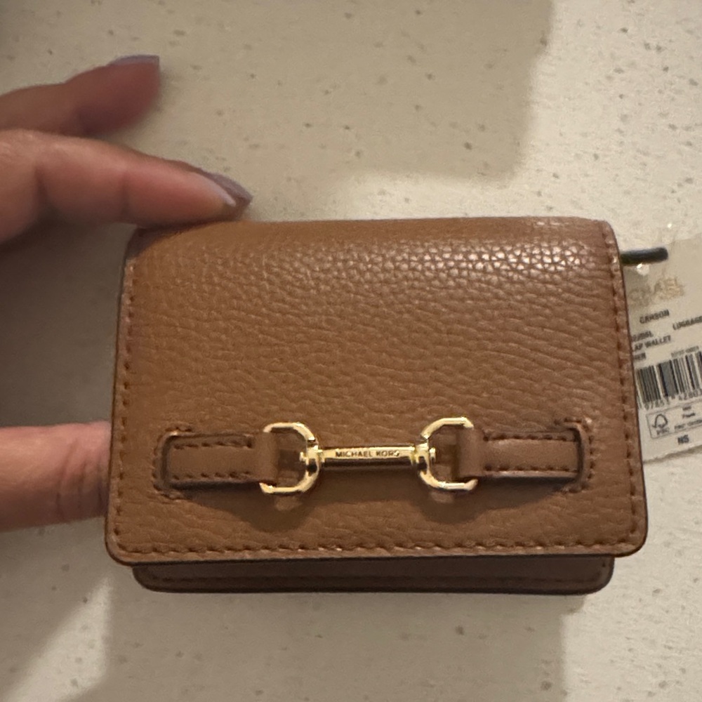 Michael Kors Caramel Pebbled Leather Mini Card Wallet with Gold Hardware